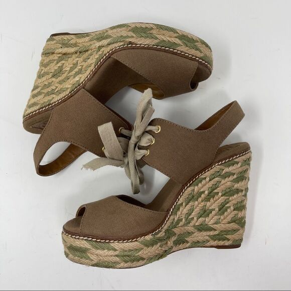 Tory Burch Linley Espadrille Wedges Platform Heels Women's 7 Olive Brown Lace Up - Picture 4 of 9